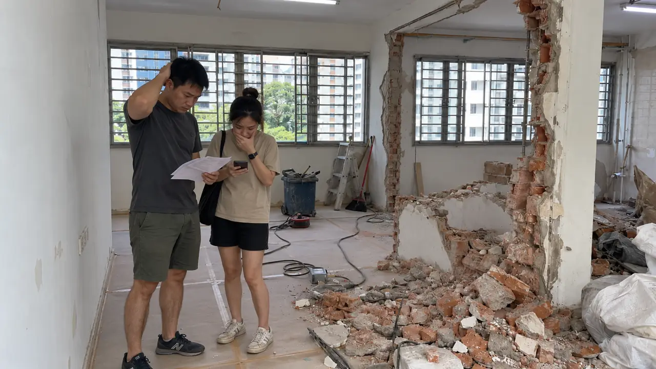 Stalled HDB renovation with unfinished hacking debris