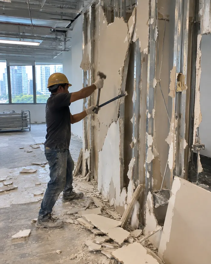 Worker tearing down drywall office partitions