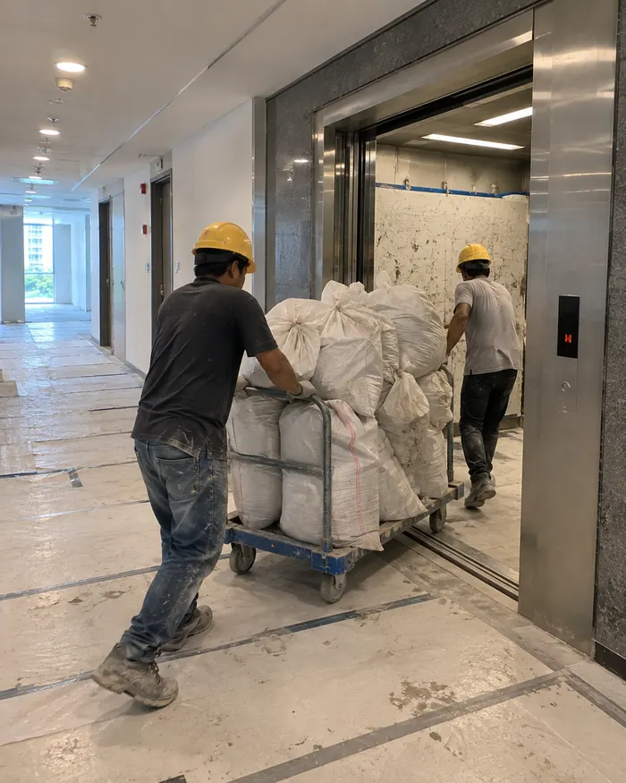 Workers moving bagged debris into a service lift